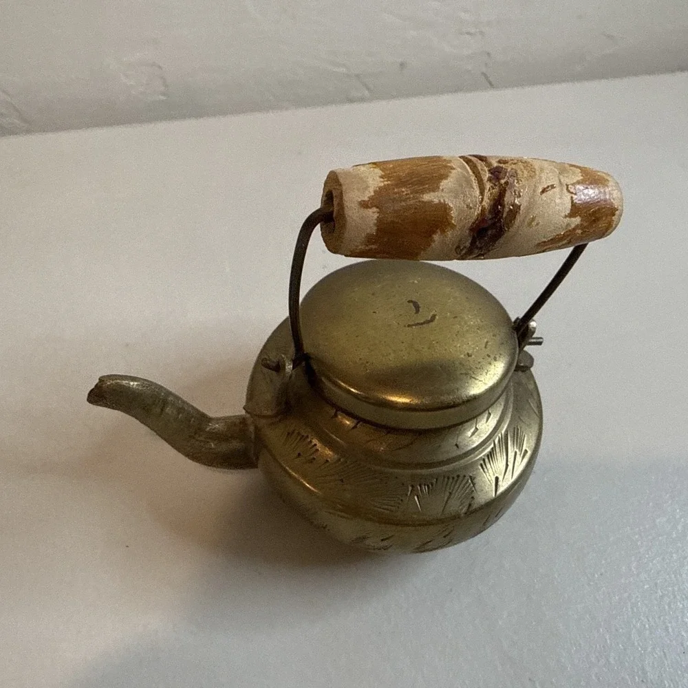 Vintage Miniature Brass Teapot Etched Wood Handle Dollhouse Collectible India